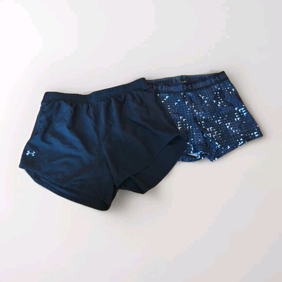 Under Armour Shorts Set Of 2 Womens Small Black Geometric Running Heatgear - Picture 1 of 7